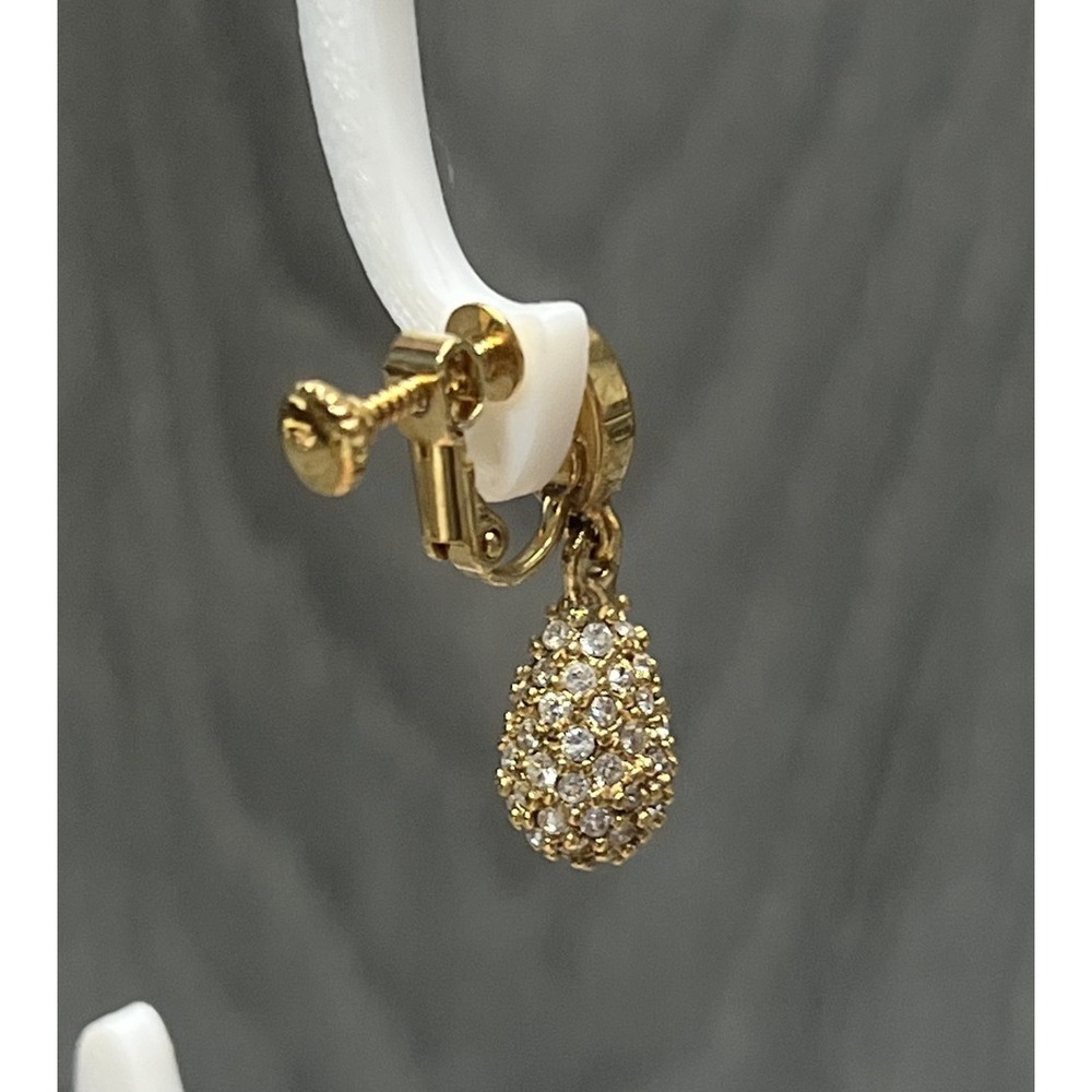 Givenchy Gold Tone 4G Logo Clip-On Earrings Pave Clear Rhinestone Teardrop - Picture 5 of 10